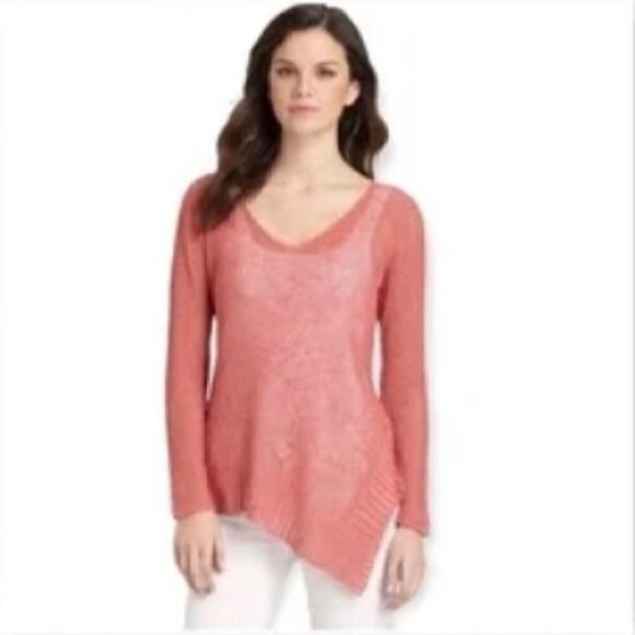 Eileen Fisher Asymmetrical V Neck layering Sweater Fishnet Linen Blend Size S - Picture 1 of 12